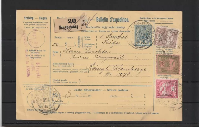 Ungarn Ganzsache Paketkarte Nagybossany nach Königl. Weinberge, 1916 #1103844