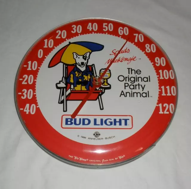 Spuds Mackenzie Vintage 1986 Bud Light Beer 12" Round Thermometer Works Great!!!