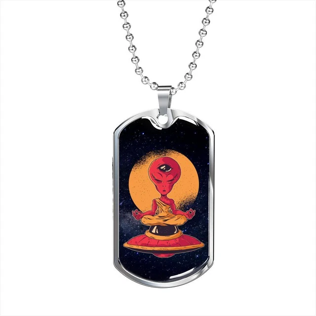 Alien UFO Fan Gift Alien Meditation Necklace Stainless Steel or 18k Gold Dog Tag