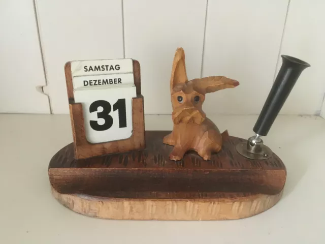 Schreibtischset alt Kalender Dauerkalender Schnitzerei Hund Art Deco Vintage 30s