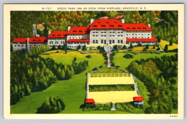 c1940s Linen Grove Park Inn Airplane View Asheville NC Aerial Vintage Postcard