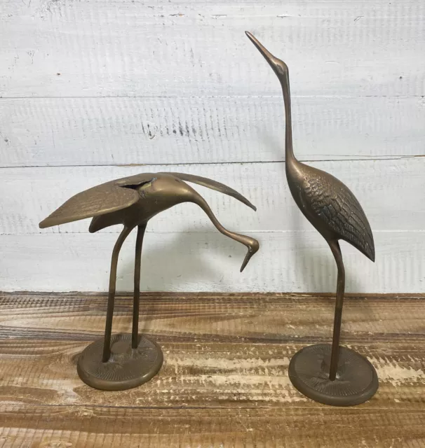 Set of 2 Vintage Mid Century Brass Crane Egret Stork Heron Bird Statue Figurines