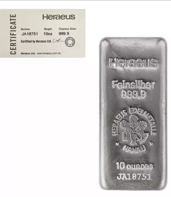 10 oz barra de plata Heraeus .9999 fina (con certificado de autenticidad)