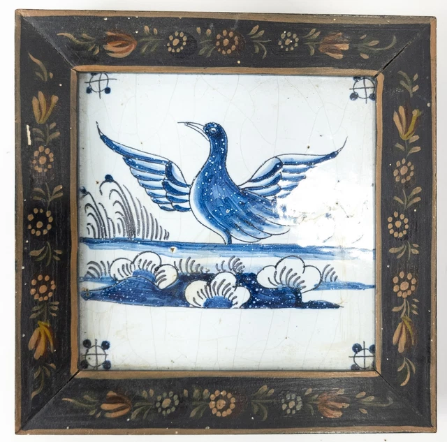 Antique Delft Dutch Blue and White Tile with a Bird 19th Century Folky Frame