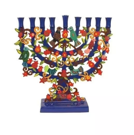 Yair Emanuel Large Blue Menorah Hanukkah Design With Birds in Lazer Cut Metal 2