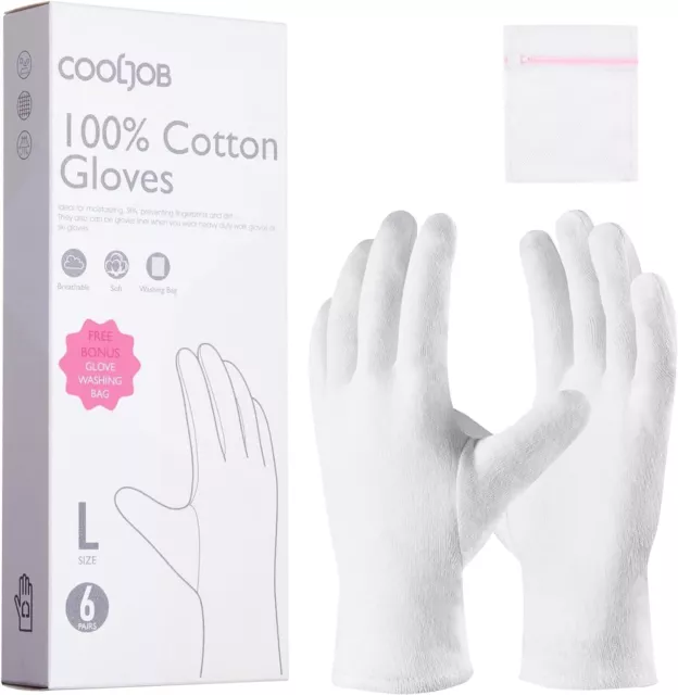 COOLJOB White Cotton Gloves for Women and Men, 6 Pairs Eczema Gloves (MEDIUM)