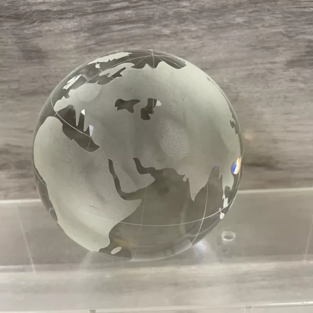 Crystal World Globe Earth Paperweight Clear & Etched Frosted Glass 3.5” 3