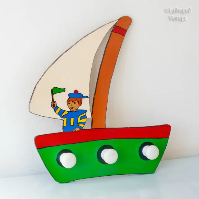 French Vintage Home Made Hand Painted Childs Coat Rack in Sailboat Design