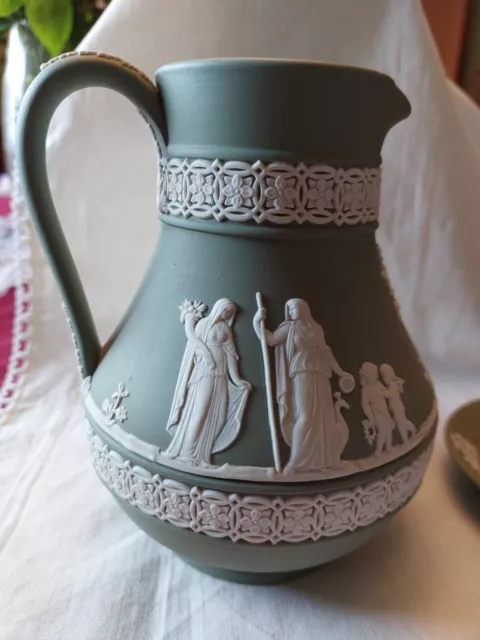 1970s Wedgwood Jasper Ware Sage Green Water Jug "An Offering To Peace" 15 cm.