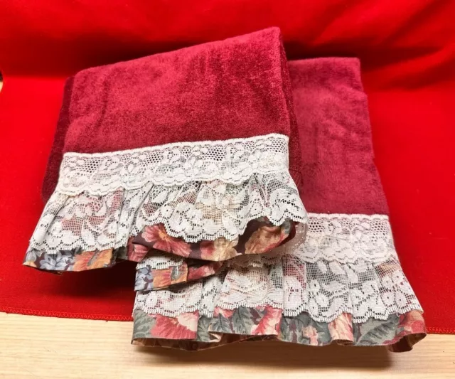 Set of 2 Jillian Rose Collection Lace and Flowered Trim Hand Towels 100% Cotton