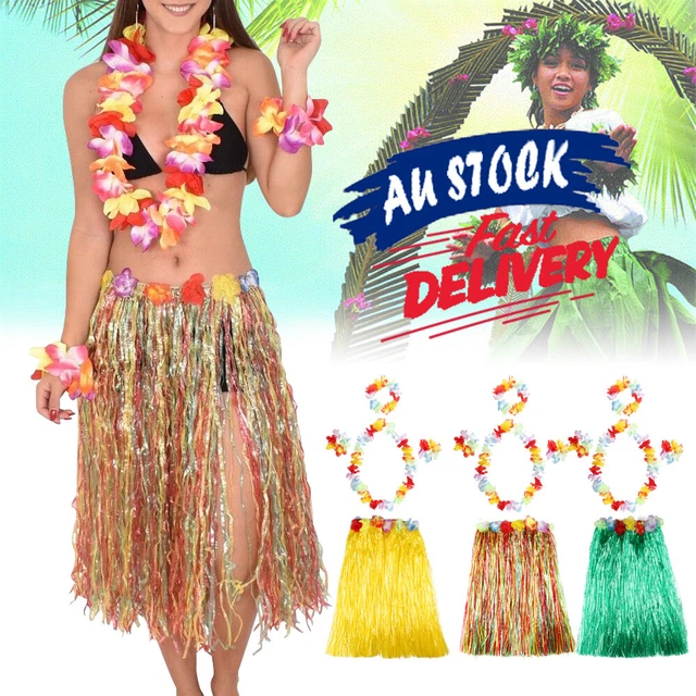 Hawaiian Grass Skirt Performance Costume Set For Girls - 30cm Skirt With Flower Accessories
