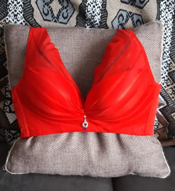 Beautiful Vibrant Red Padded Plunge Bra with a dangling Jewel  - BNIB