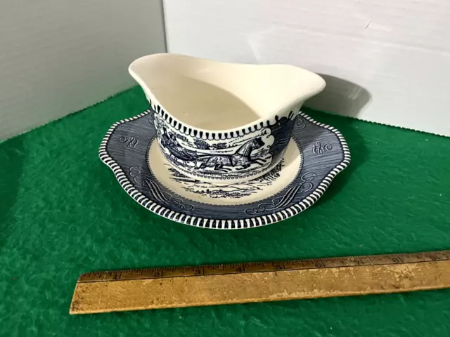 Royal China Blue Currier & Ives Gravy Boat w/ Plate Horse Sleigh Dish Blue Cream