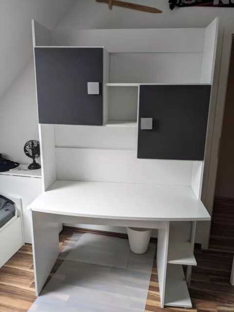 Jugendzimmer Schreibtisch mit Schrankaufsatz und Bett mit Bettkasten Weiß/Grau