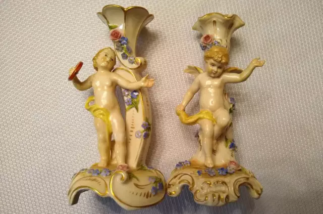 Pair 1930s Dresden Germany Von Schierholz Porcelain Cherubs Candle Holders