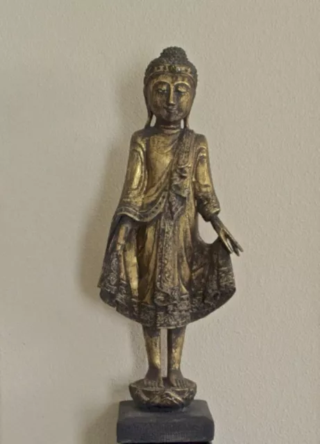19th Century Burmese Mandalay Standing Buddha Statue Gold Gilded w/ Glass Inlaid