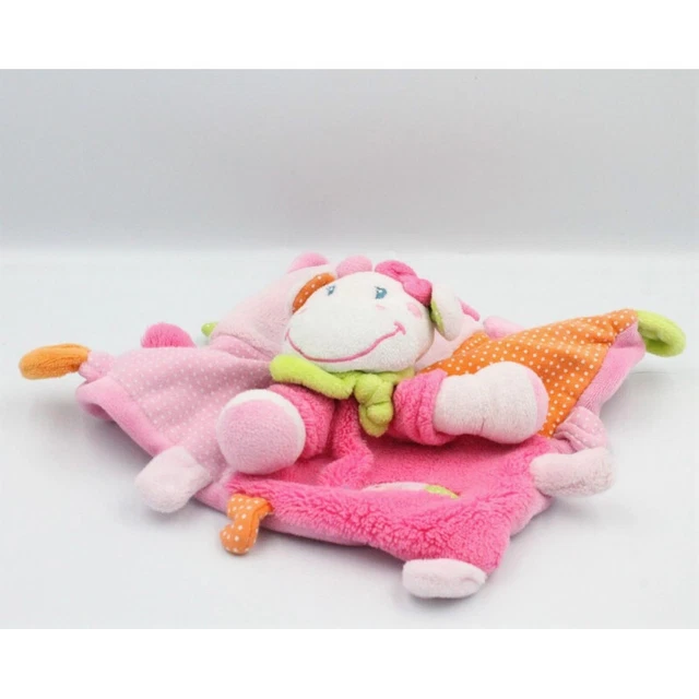 Doudou plat vache rose pois foulard vert oiseau NICOTOY - 3868