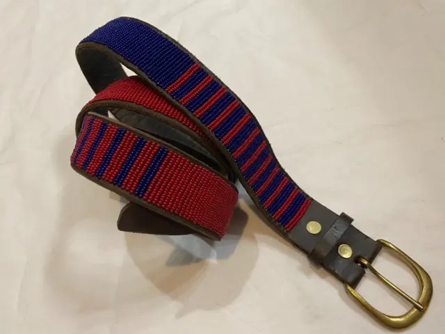 Maasai Beaded Leather Belt African Handcrafted w/ Blue & Red Seed Beads 51" Long
