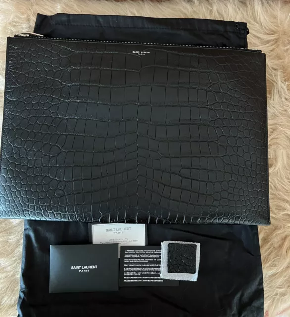 Authentic Saint Laurent Crocodile Embossed Leather Clutch Document Laptop Sleeve