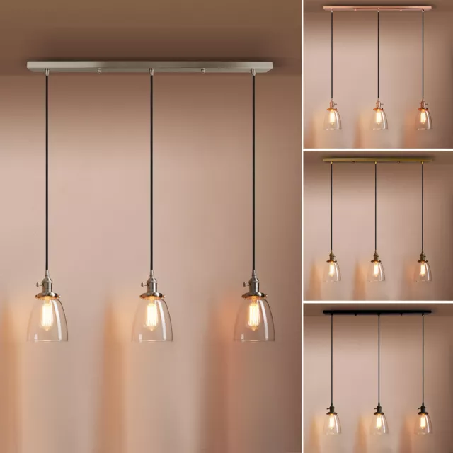 RETRO INDUSTRIAL CLUSTER of 3 GLASS LAMPSHADE LOFT BAR CEILING PENDANT LIGHT 2