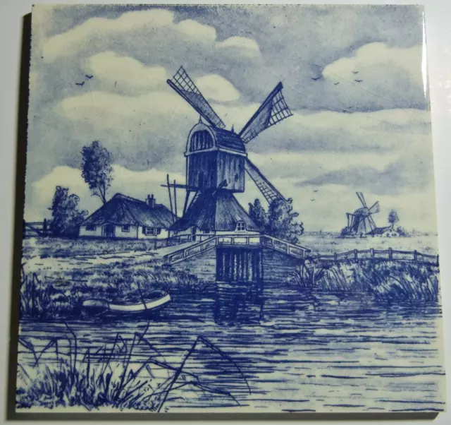 Korenbloem Delft Blue Hand Work Holland Glazed Tile With Windmill
