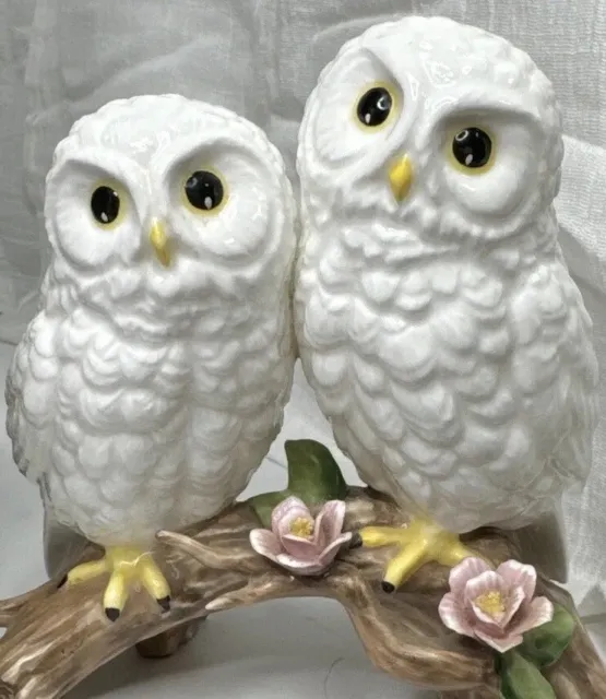 Vintage Towle Fine Bone China Figurine of 2 Snow White Owls Sitting On Branch
