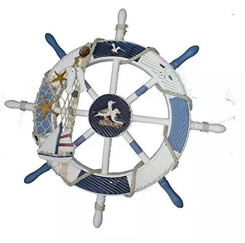 Nautical Beach Wooden Boat Ship Steering Wheel Fishing Net Shell Home 18 in