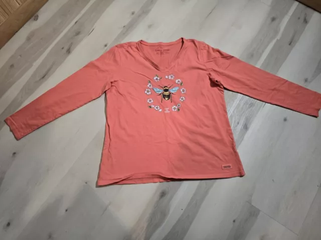 Life is Good Women's Peach  Long Sleeve Crusher Vee - Flowerbee Size XL