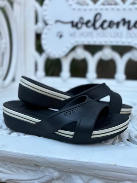 Crocs Crocband Womens Black White Open Toe Wedge Slide Sandal Size 8 Slip On