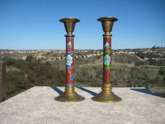 Vintage Pair Of Chinese Cloisonne Candlesticks Candle Holders Brass Base