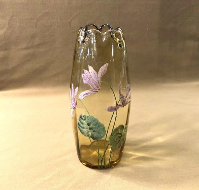 Petit Vase En Verre émaillé Fains - Motif Fleur Signé, Verrerie Meuse