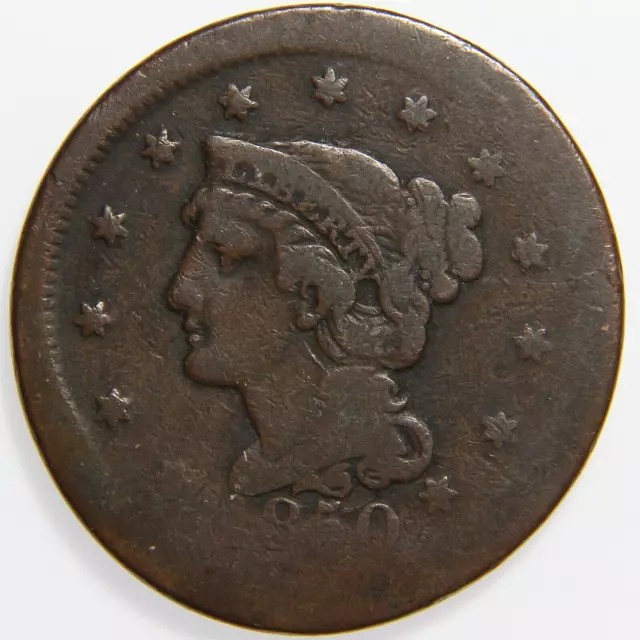 1850 US Braided Hair Large Cent 1c, Damaged, -K2010-