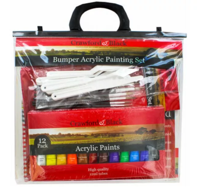 Acrylic Painting Mega Set-10 brushes, 12 paints, palette, 2 canvas + canvas pad
