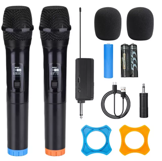 2X Wireless Microphone UHF Dynamic Cordless Handheld Mic System Receiver Karaoke