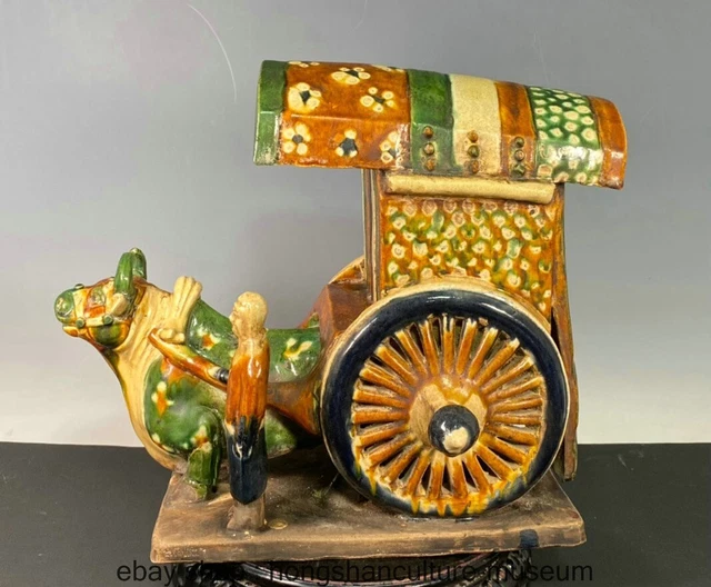 12.8" Old China TangsanCai Porcelain Dynasty Cattle Pulling a Cart Figure Statue