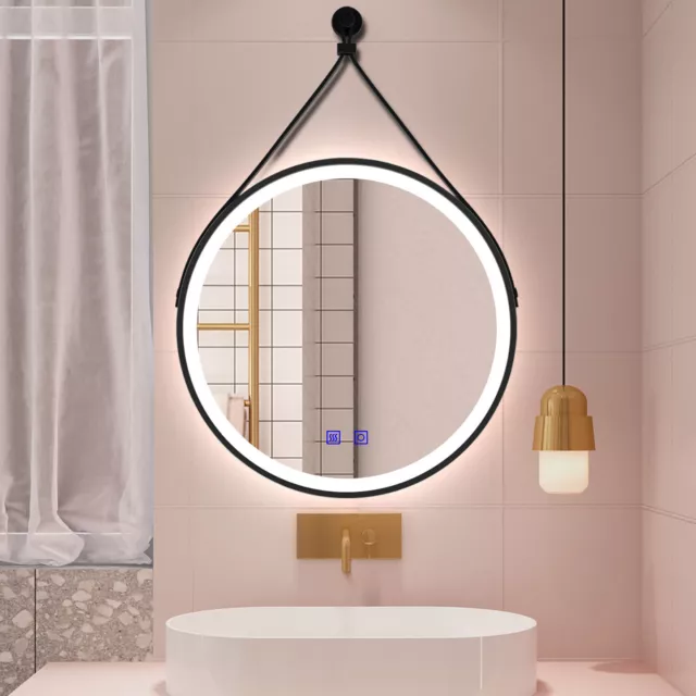 LED Bathroom Mirror with Black Framed Leather Strap 3 Dimming LED Colors fogless