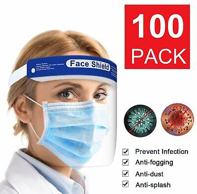 100 Pack Safety Full Face Shield Reusable Clear Washable Face Anti-Splash