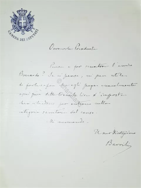 Lettera manoscritta con autografo - Politico Anton Giulio Barrili - 1880 ca.