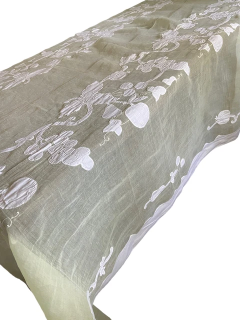 VTG Unused Lime Green White Organdy Organza Tablecloth 12 Napkins Applique Large