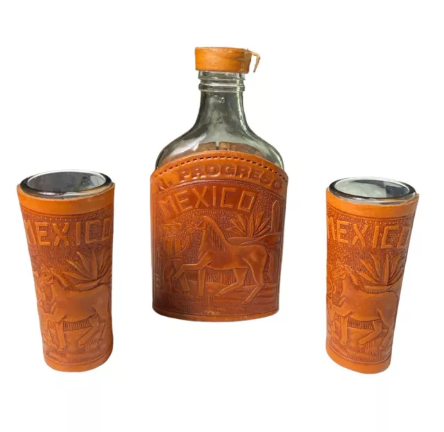 Mexico N. Progreso Hand Tooled Leather Flask Bottle And Two Shot Glasses