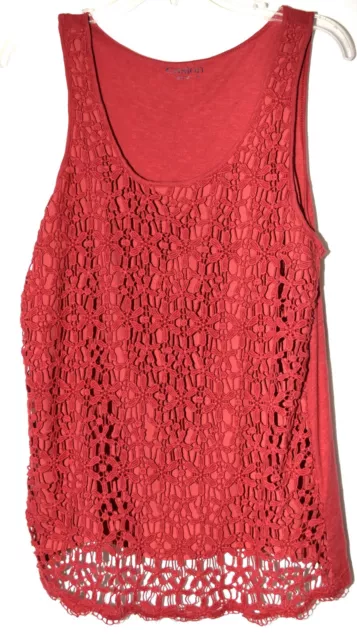 Caslon Burgundy Knit w Floral Crochet Overlay Scoop Neck Womens Tank Top Size M