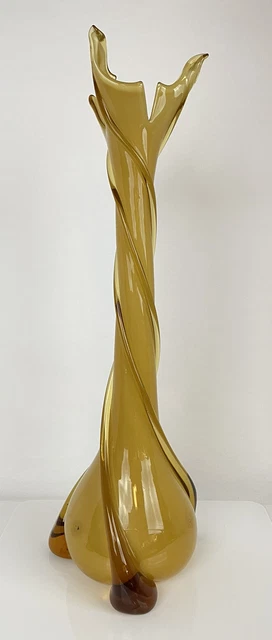 Mid-Century Modern Twist Spiral Amber Murano Glass Vase in Amber Tones 19in Tall