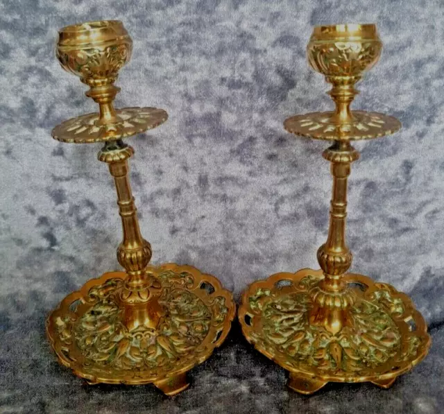 Pair Antique Brass Candlesticks Ornate Ormolu 19th Century Victorian