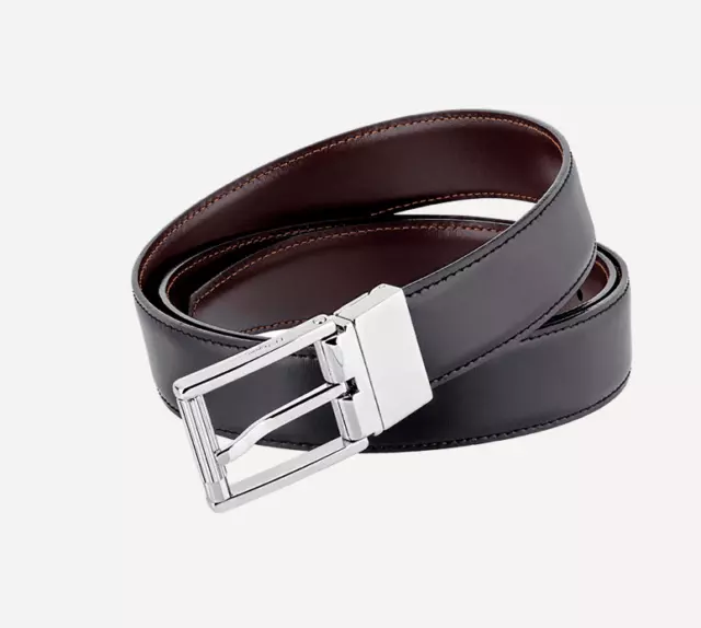 S.T. Dupont Reversible Black & Brown Leather Belt, Silver Buckle, 9540120, NIB