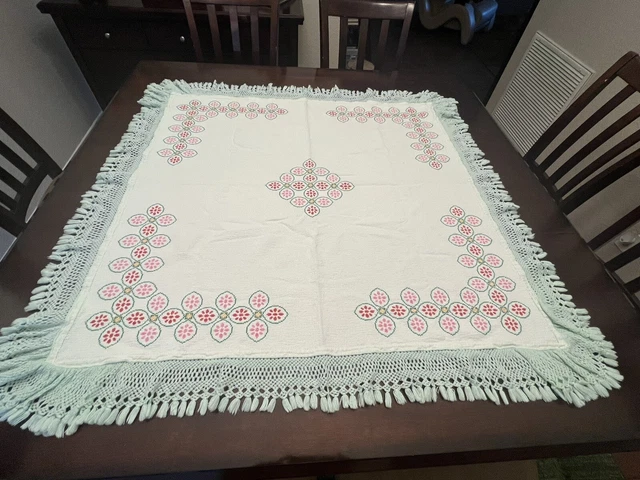 Vintage Hand Embroidered Table Cloth/throw With Hand Crochet Lace Around 37x37