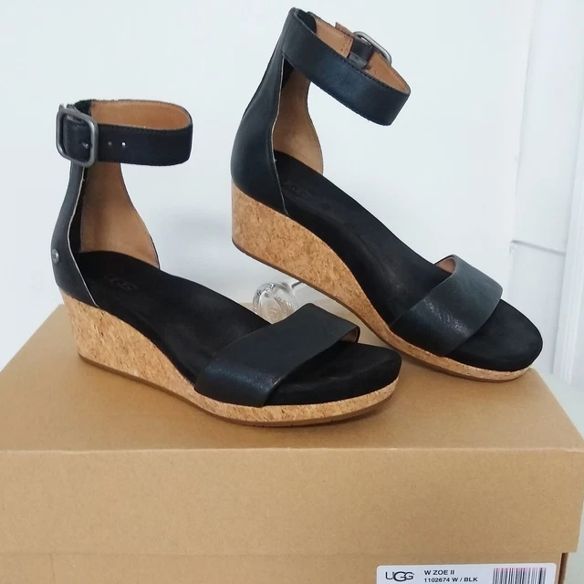 UGG Zoe II Ankle Strap Wedge Zip Sandal -EXCELLENT- Women 7.5 Black Leather Cork