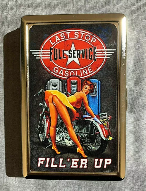 Gasoline Sign D 01 Metal Silver Cigarette Case Vintage Tin Sign Sexy Pinup Girl