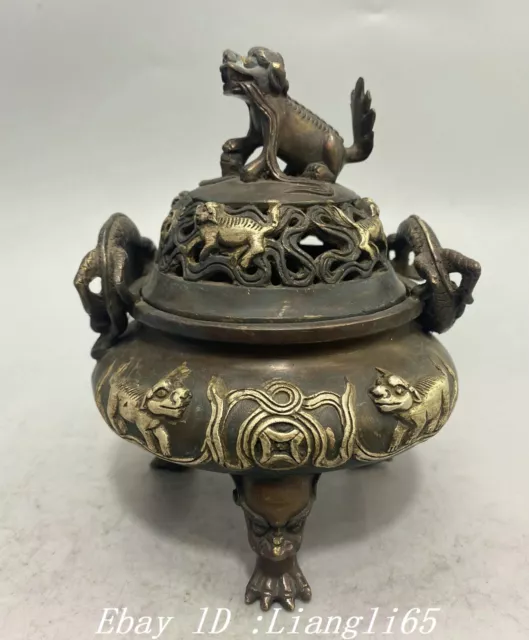 Qianlong Pure Bronze Silber Foo Fu Hund Löwe 3-Bein Räucherstäbchen Brenner