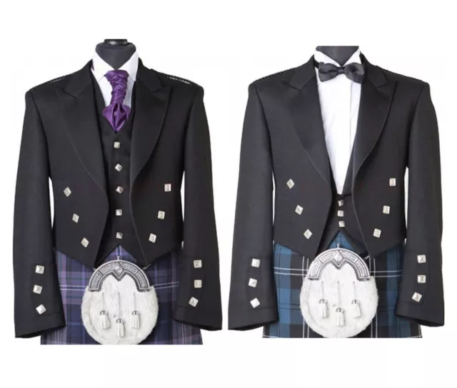 Mens Prince Charlie Kilt Jacket 3 & 5 Button Vest Scottish Wedding Kilts Jacket