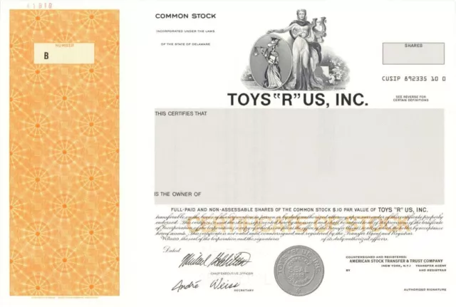 Toys "R" Us, Inc. - 4/2/1996 dated Specimen Stock Certificate - Specimen Stock